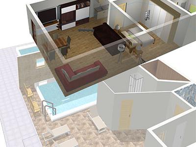 3D view of the holiday apartment with pool in the Bavarian Forest